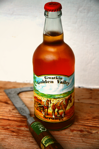bottle of gwatkin golden valley scrumpy cyder sitting on the table with a weed cutter next to it. very rustic